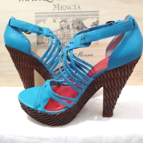 Vintage Diba Barbra Heels Turquoise Strappy Brazilian Leather Woven Design US 8 - Picture 7 of 15